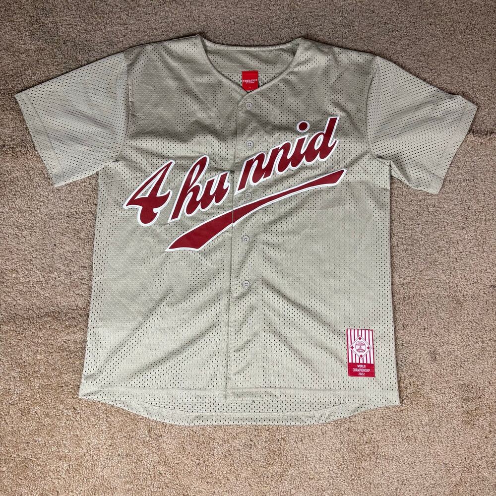 4Hunnid Script Tan Baseball Jersey Mesh‎ Mens Sz L Preowned Button up